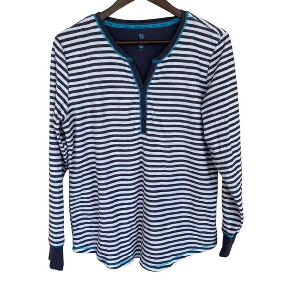 Betsey Johnson Gray and White Striped Henley V-Neck Long Sleeve Top - Large - Picture 1 of 4